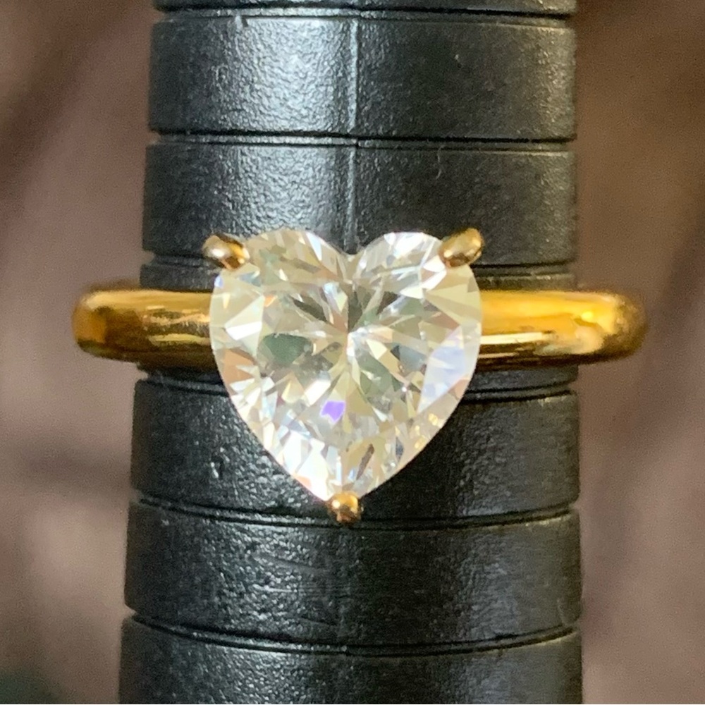 Diamonique 14K Yellow Clad Over Sterling Silver Heart Solitaire Ring - Picture 2 of 14